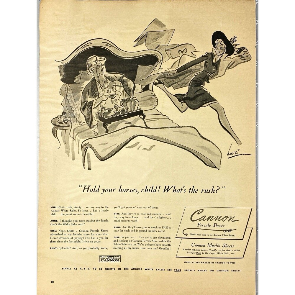 Cannon Percale & Muslim Sheets  On Sale August White Sales" Vtg Print Ad 1940-41